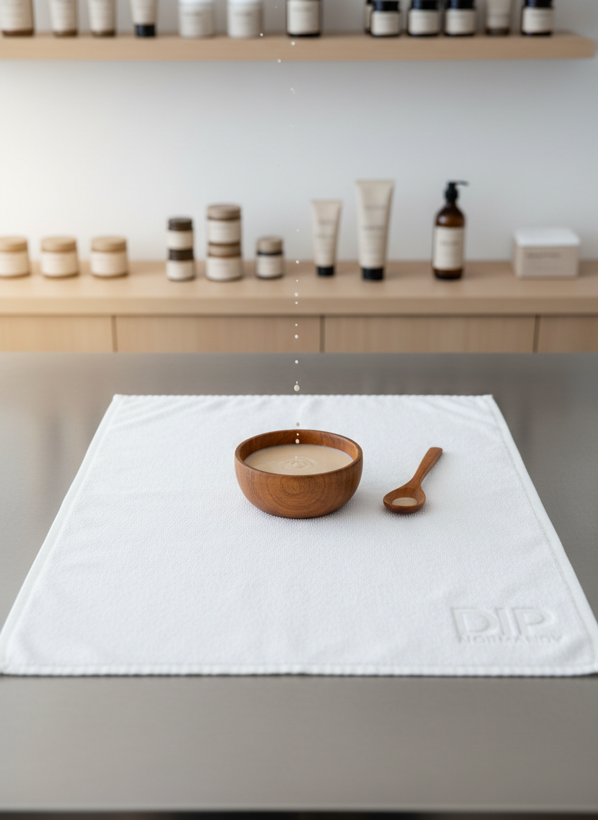 A tidy grooming station features a wide, stainless steel countertop with a single large DIP NORMANDY towel laid flat, its edges perfectly aligned. On the towel, a small wooden bowl holds a milky oatmeal infusion, while a matching wooden spoon rests nearby, a few drops of liquid caught mid-drip. A subtle logo watermark “DIP NORMANDY” is embossed in the corner of the towel. The background includes out-of-focus shelves with neatly organized grooming supplies in neutral packaging. Cool, bright overhead lighting combined with a soft fill light from the side creates a clinical, professional atmosphere. Photographic realism, shot from a slightly elevated angle with balanced, symmetric composition, emphasizing precision and cleanliness.