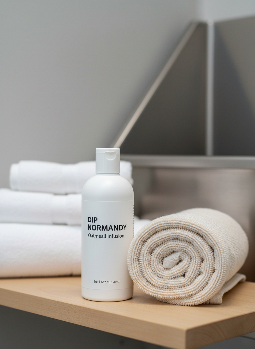 A sleek, matte white bottle labeled “DIP NORMANDY Oatmeal Infusion” stands beside a neatly rolled cream-colored dog towel on a narrow wooden shelf in a modern laundry room. The towel appears dense and ultra-soft, with a subtle oatmeal tint and delicate stitched border. Behind them, stacked white towels and a discreet, stainless steel basin are softly out of focus. Cool, even studio lighting mimics natural daylight, creating crisp, clean highlights and gentle shadows that define textures without harsh contrast. Shot at eye level with a centered, minimalist composition, photographic realism. The mood is clinical yet warm, projecting professionalism, cleanliness, and confidence in a quick, no-bath dog odor solution.
