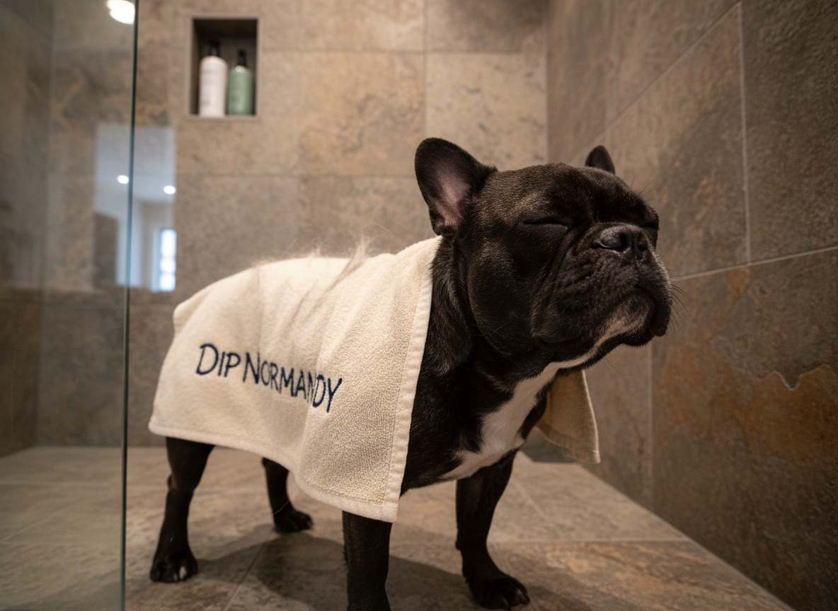 A small, wet-nosed French bulldog stands in a dry walk-in shower with large stone tiles, not a drop of water on the floor. Instead, a DIP NORMANDY towel is being rubbed across its back, the thick, oatmeal-infused fabric visibly lifting loose fur and leaving the coat slightly fluffed and matte. Only the dog and towel are visible; no human parts appear. The background shows a blurred shampoo niche and a frameless glass panel. Soft overhead and side lighting combine to create a clean, spa-like ambiance, with subtle reflections on the tiles. Photographic realism, slightly low angle, emphasizing the dog’s comfort and the professional, mess-free nature of the towel-based cleaning.