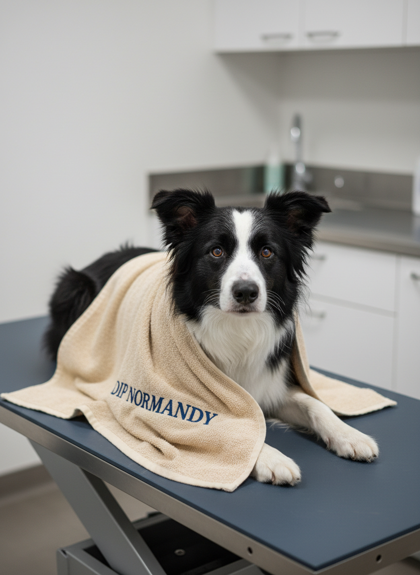 Inside a veterinarian-style exam room, a calm border collie lies on a padded, slate-gray table, half-covered with a DIP NORMANDY towel that appears thick and cloud-soft, its oatmeal hue contrasting gently with the dark surface. The dog’s fur looks clean and fluffy, with no wet patches. A stainless steel sink and white cabinets in the background are softly blurred. Neutral, bright overhead lighting with subtle side fill mimics a professional clinical space, casting minimal but defined shadows. Photographic realism, eye-level composition, slightly off-center framing. The mood is reassuring and authoritative, suggesting that this towel-based, 100% natural oatmeal dog care method is trusted even in professional settings.