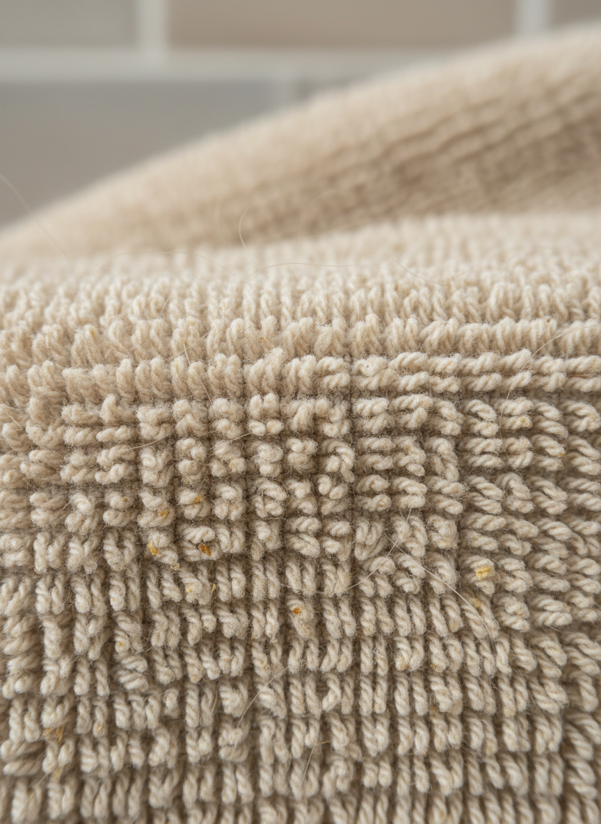 An ultra-detailed close-up macro shot of the DIP NORMANDY towel fibers, revealing a dense, looped terry texture with a natural oatmeal tint and tiny, visible specks of ground oatmeal embedded between threads. A few strands of clean dog fur rest lightly on the surface, indicating gentle grooming. The background softly falls into creamy blur with a hint of a neutral bathroom tile pattern. Soft, diffused studio lighting from above and slightly to the side emphasizes every fiber and contour, giving a tactile, touchable feel. Photographic realism with extreme sharpness in the focal plane. The mood is scientific yet warm, underlining the product’s natural ingredients, absorption, and professional-quality construction.