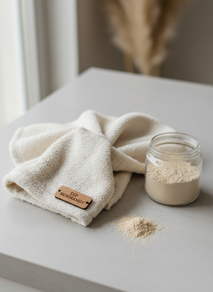 A close-up, top-down photographic view of a folded, premium dog care towel lying on a smooth, pale stone countertop. The towel is thick and velvety, off-white with a subtle oatmeal hue, tiny natural flecks visible in the weave. Next to it, an open glass jar of finely ground, 100% natural oatmeal infusion rests, some powder artistically scattered. A small wooden tag engraved with “DIP NORMANDY” sits partially on the towel. Soft overcast window light from the left creates delicate shadows and a calm, clinical cleanliness. The background fades into a gentle bokeh of neutral tones. The mood is professional, pure, and trustworthy, emphasizing gentle, bath-free odor elimination.