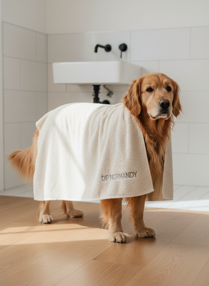 A fluffy golden retriever with a slightly damp, wavy coat stands calmly on a light oak floor, wrapped snugly in a thick, cream-colored towel labeled “DIP NORMANDY” in subtle gray embroidery. The towel looks plush and absorbent, with a faint hint of oatmeal-colored speckling suggesting a natural infusion. In the background, a minimalist, bright bathroom with white tiles and a matte black faucet is softly blurred. Diffused daylight from an unseen window creates gentle highlights on the dog’s fur and towel folds, casting soft shadows. Photographic realism, eye-level composition with shallow depth of field, clean and modern, conveying professional, gentle dog care without the mess of a traditional bath.