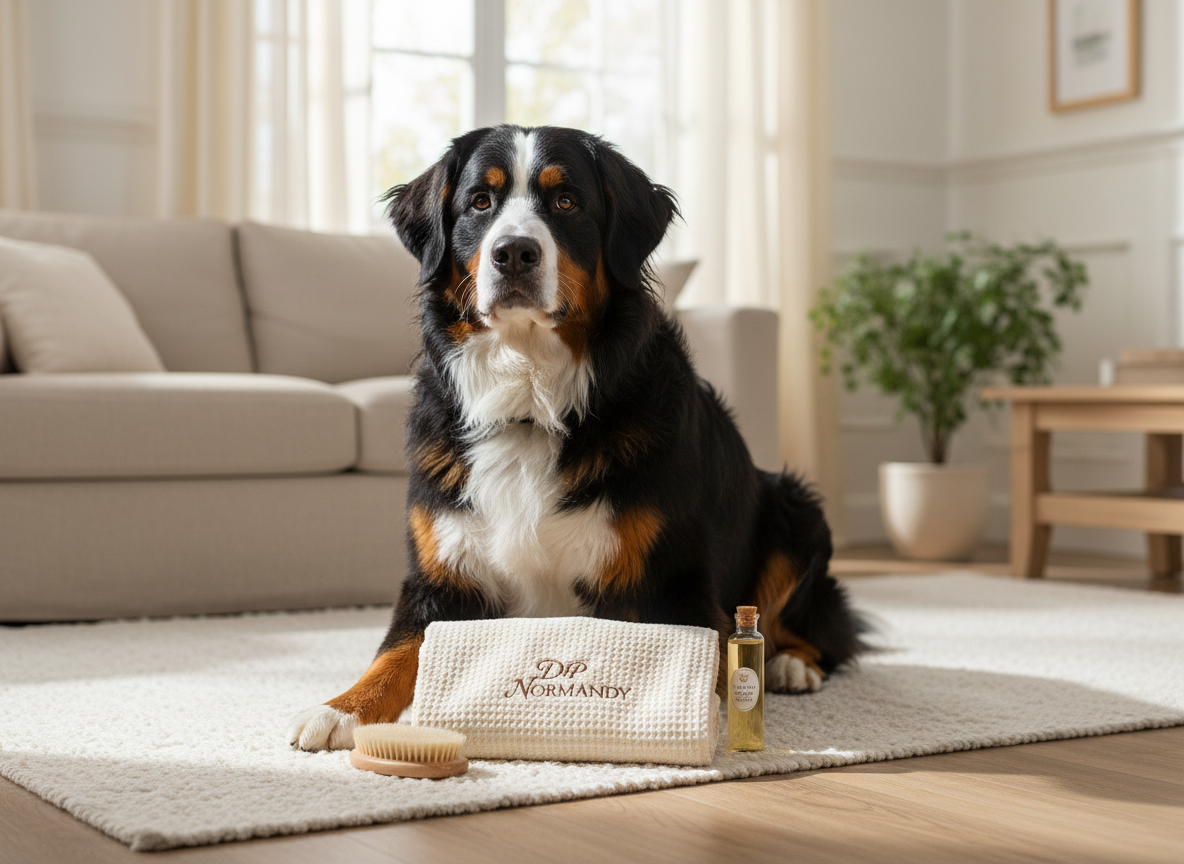 A large, calm Bernese mountain dog sits on a white, textured area rug, surrounded by a neatly arranged DIP NORMANDY grooming kit: a folded oatmeal-infused towel, a small natural bristle brush, and a glass vial of concentrated oatmeal essence. The dog’s coat looks fresh and fluffy, with no signs of dampness. Behind, a soft-focus background reveals a bright, airy living room with neutral decor. Morning sunlight streams in through sheer curtains, creating a serene glow and gentle shadows. Photographic realism, eye-level composition with subtle depth of field. The atmosphere is spa-like and professional, highlighting a complete, bath-free, natural dog care ritual centered around the premium towel.