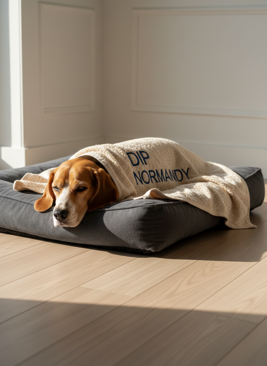 A medium-sized, short-haired beagle lounges comfortably on a charcoal gray dog bed, while a large, plush DIP NORMANDY towel is draped over its back and shoulders like a cozy wrap. The towel’s oatmeal-infused fibers are visible in fine detail, small flecks giving it a natural, organic appearance. The room is a modern living space with light wood flooring and a minimal white wall, faintly blurred. Warm late-afternoon sunlight streams in from a side window, creating soft highlights on the dog’s fur and the textured towel. Photographic realism, slightly elevated angle with rule-of-thirds composition. The atmosphere is serene and reassuring, emphasizing at-home, spa-like dog care that is professional yet comforting.